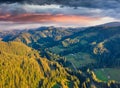 Dramatic morning view of Carpathian mountains, Snidavka village location, Ukraine, Europe. Royalty Free Stock Photo