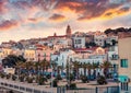 Dramatic morning view of central park of Vieste town. Fantastic spring sunrise in Apulia, Italy,