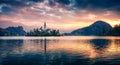 Dramatic morning view of Pilgrimage Church of the Assumption of Maria. Fantastic autumn scene of Bled lake, Julian Alps, Slovenia, Royalty Free Stock Photo