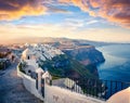 Dramatic morning view of Santorini island. Picturesque spring sunrise on the famous Greek resort Fira, Greece, Europe. Royalty Free Stock Photo