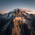 Dramatic Mountain Monastery at Sunset Surrounded by Snowy Peaks Royalty Free Stock Photo