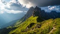 Dramatic mountain range landscape with green slopes and cloudy sky Royalty Free Stock Photo