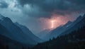 Dramatic mountain range during a powerful lightning storm. Dark ominous clouds loom overhead as bright electricity flashes Royalty Free Stock Photo
