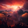 Dramatic Mountain Sunset, Landscape, Sky, Orange, Red