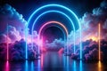 Dramatic Neon Archway Cloud Backdrop for a Dark Blue Party Stage A Captivating Product Display Setting Royalty Free Stock Photo