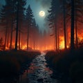 Dramatic Night Forest Fire Under Full Moon with Burning Trees and Stream Royalty Free Stock Photo