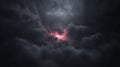 A dramatic night sky filled with dark clouds and a bright pink and red lightning bolt. Royalty Free Stock Photo