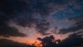 Dramatic night Sky. Majestic sunlight. Sunset light reflected on clouds. Sun rays over panoramic view. Freedom peaceful Royalty Free Stock Photo