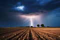 Lightning Strike Over Plowed Field at Night. Generative AI Royalty Free Stock Photo