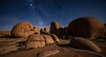 Night Sky Rock Formations Illuminated by Moonlight in Arid Desert Landscape Royalty Free Stock Photo