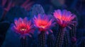 A dramatic nightblooming cactus with striking magenta flowers glowing under the moonlight