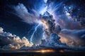 Dramatic nightscape featuring a powerful lightning strike through immense cumulonimbus clouds and a starry sky. Generative AI Royalty Free Stock Photo