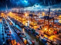 Dramatic Nighttime Rainstorm at a Global Logistics Hub A Deep DepthofField Perspective of Cargo Shipping Operations Royalty Free Stock Photo