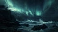 A Dramatic Nighttime Seascape with Aurora Borealis and Roiling Waves Royalty Free Stock Photo