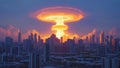 Dramatic nuclear explosion with a mushroom cloud towering over a modern city skyline, destruction concept. Royalty Free Stock Photo
