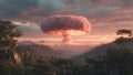 Dramatic Nuclear Explosion Over Lush Jungle at Sunset, Hyper-Realistic Concept Art Royalty Free Stock Photo