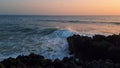 Dramatic ocean breaking rocks morning hill closeup. Sea waves crashing at stones