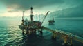 Dramatic Ocean Oil Rigs at Dusk with Moody Skies. Offshore Energy Extraction Platforms. Industrial Seascape Photography Royalty Free Stock Photo