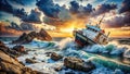 A Dramatic Ocean Scene The Aftermath of a Capsized Cruise Ship Disaster on a Rocky Coastline Royalty Free Stock Photo