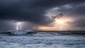 Dramatic Ocean Storm with Lightning Strikes Illuminating Dark Clouds and Crashing Waves Keywords: storm, lightning Royalty Free Stock Photo