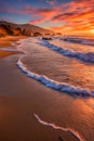 Dramatic ocean sunset illuminating shoreline, soft waves creating patterns on sand, vibrant sky casting warm colors, perfect for Royalty Free Stock Photo