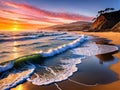 Dramatic ocean sunset illuminating shoreline, soft waves creating patterns on sand, vibrant sky casting warm colors, perfect for Royalty Free Stock Photo