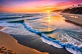 Dramatic ocean sunset illuminating shoreline, soft waves creating patterns on sand, vibrant sky casting warm colors, perfect for Royalty Free Stock Photo