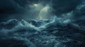 Dramatic ocean thunderstorm with turbulent waves, lightning, dark clouds, and dramatic lighting