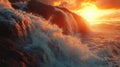 Dramatic Sunset Over Crashing Ocean Waves and Rocky Shore Royalty Free Stock Photo