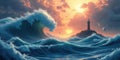 Dramatic ocean wave crashes before a distant lighthouse at vibrant sunset Royalty Free Stock Photo