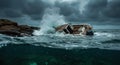Dramatic ocean wave crashing over sinking boat in stormy sea Royalty Free Stock Photo