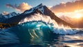 Dramatic ocean wave cresting near snow-capped mountain range at sunset Royalty Free Stock Photo
