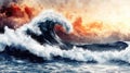 Dramatic ocean wave at sunset (2 Royalty Free Stock Photo