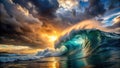 Dramatic ocean wave at sunset with colorful sky. Generative AI Royalty Free Stock Photo