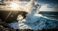 Dramatic ocean waves crash against rugged coastline under sunlit sky Royalty Free Stock Photo