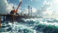 Dramatic offshore oil platform scene with rough seas and cloudy sky Royalty Free Stock Photo