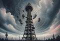 Dramatic and ominous scene featuring a large communication tower, with multiple satellite dishes and antennas Royalty Free Stock Photo
