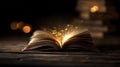 Dramatic open book glowing with golden light and shimmering particles, symbolizing deep knowledge and mystery. Royalty Free Stock Photo