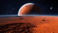 dramatic orange planet rising over barren red alien landscape Royalty Free Stock Photo