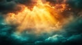 Dramatic orange sunlight breaking through storm blue clouds in vibrant sky Royalty Free Stock Photo