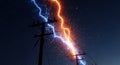 A dramatic orange and yellow lightning bolt strikes directly over electrical power lines during a powerful nighttime storm with Royalty Free Stock Photo