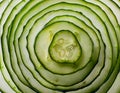 A dramatic overhead shot of a sliced cucumber with overlapping pieces arranged in a concentric circular pattern
