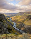 Second highest waterfall in Iceland - Haifoss. Gloomy morning view of deep canyon. Travel to Iceland. Beauty of nature concept