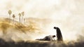 The Parable of the Good Samaritan: Wounded Man and Helper in a Desert Landscape Watercolor Royalty Free Stock Photo
