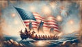 Historic American Flag Sailing Scene with Fireworks