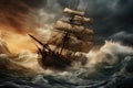 A dramatic painting depicting a sailing ship struggling against turbulent waves in a fierce storm, A vintage wooden sailing ship