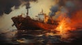 dramatic painting depicting a ship engulfed in flames on a stormy ocean