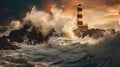 Dramatic painting of a lighthouse with crashing ocean waves at sunset.