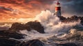 Dramatic painting of a lighthouse with crashing ocean waves at sunset.