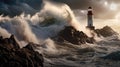 Dramatic painting of a lighthouse with crashing ocean waves at sunset.